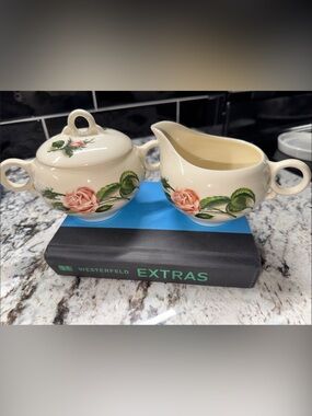 Vintage Cream Floral Ceramic Sugar and Creamer Set - Pink Rose Design